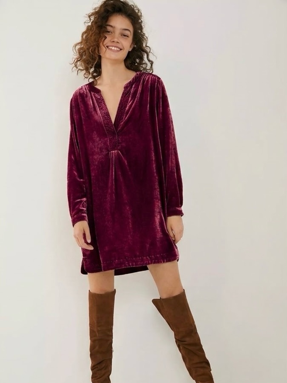 Anthropologie Velvet Tunic Dress Womens Small Magenta Plum Pin Tuck V-Neck Mini